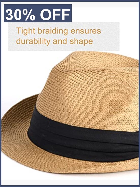 Foldable Straw Fedora Sun Hat UPF 80+ Unisex Beach Panama Trilby main image 7